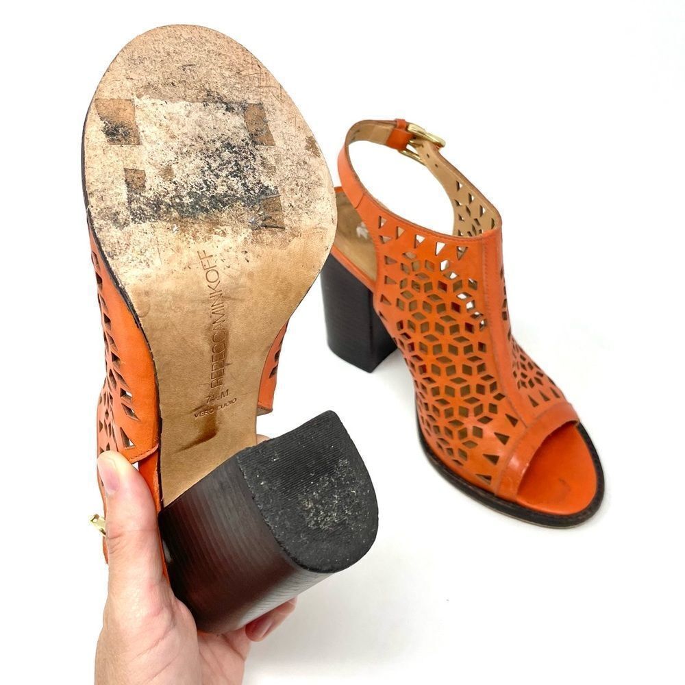 Rebecca Minkoff Laser Cut Peep Toe Orange Leather Block Heel Sandals Size 7.5 - Picture 8 of 9